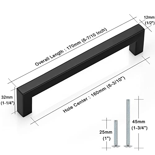 Probrico (10 Pack) Flat Black Cabinet Pulls Stainless Steel Drawer Handles 6-3/10 Inch(160mm) Hole Center Modern Cabinet Hardware for Kitchen Bathroom - color: Black, size: hole center 6-3/10"