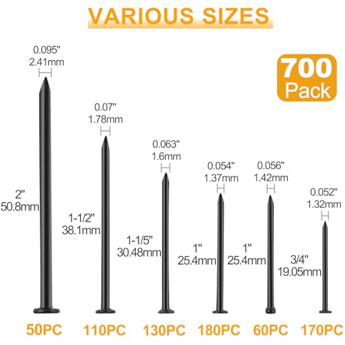KURUI Black Nails for Hanging Wall Decor Tapestry Pictures Frame,700pc Picture Hangers for Bedroom Bathroom Office, 6 Sizes Small Finish Nails Assortment Kit,640 Frame Nails and 60 Finishing Nails - color: Black