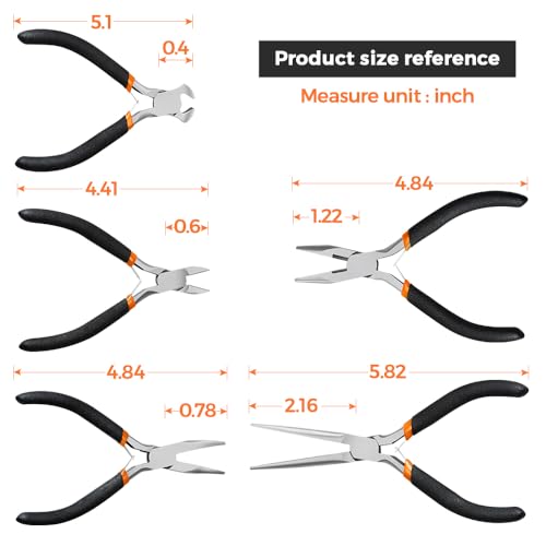 LIFEGOO 5 Pieces Mini Pliers Set – Durable Precision Tool Kit for Crafts, Jewelry & DIY, Includes Long Needle Nose, Bent Nose, Diagonal, End Cutting, Nipper (Black) - color: Black