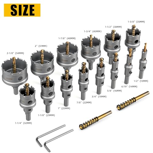 GRENPRO 16PCS Carbide Hole Saw Kit,Metal Saw for Hard Metal & Stainless Steel | 1/2" to 2-1/8" TCT Hole Cutter Set for Metal Studs, Iron, Wood, Plastic | with 2 Titanium Pilot Drills & Wrenches
