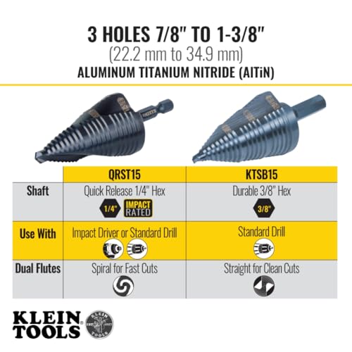 Klein Tools QRST15 Step Drill Bit, Quick Release Spiral Double-Fluted, 7/8 to 1-3/8-Inch, Hex Shank, Cut Steel, Wood, Plastic, Aluminum - size: 7/8 to 1-3/8-Inch, style: Quick Release