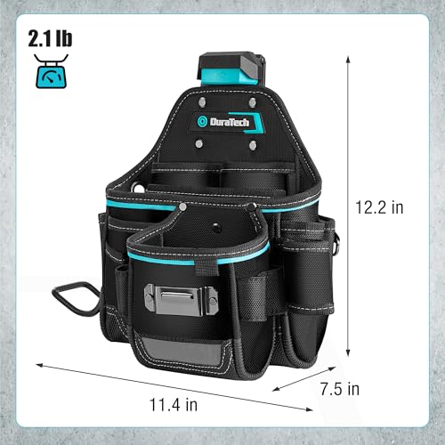 DuraTech Tool Pouch with Belt Clip, Electrician Tool Pouch with Tape Measure Holder & Hammer Loop, Quick Release Buckle, Expandable Support Frame, Ideal for Construction, Carpentry and Handyman Use - style: Large