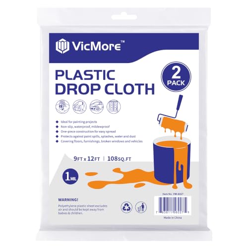 VICMORE Clear Plastic Drop Cloths for Painting, 9 x 12 Ft, 1 Mil, 2 Pack
