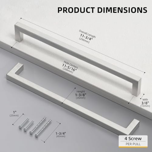 Goldenwarm Brushed Nickel Cabinet Pulls 30 Pack 11-1/3 Inch, Square Drawer Handles, Stainless Steel, Screws Included, Silver Kitchen Hardware for Cupboard Closet Furniture Upgrade - size: 11-1/3In(288MM) Hole Centers