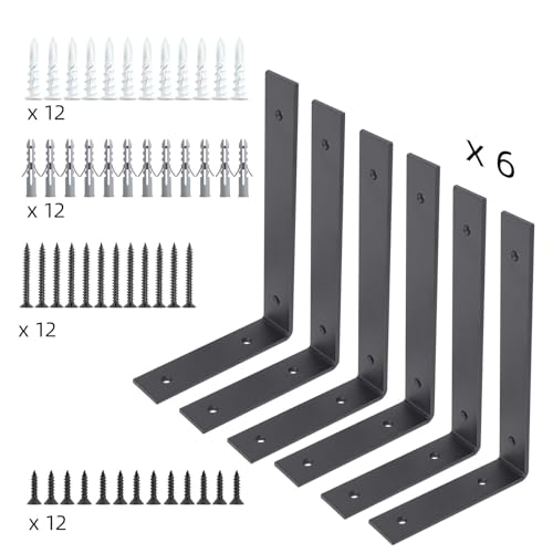 6-Pack Heavy Duty 6-Inch Black Shelf Brackets, L Shelf Bracket 6Inch for Floating Shelves, 1/5-Inch Thick - color: Black 6Pack, size: 6 Inch