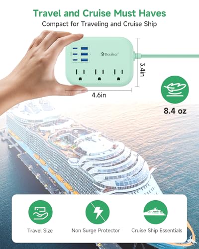 6 USB (3 USB C) Green Travel Power Strip, 5Ft Extension Cord, 3 Outlets - size: 5 FT(Green-24W)