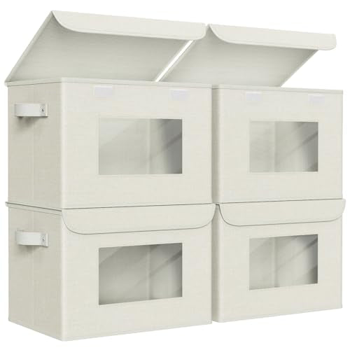 Univivi Fabric Storage Bins with Lids for Clothes 4 Pack, Beige Linen - color: Linen Beige
