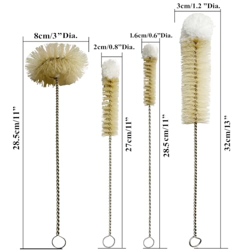 Bottle Brushes Thin Long Handle X 4, Natural Boar Bristle Set