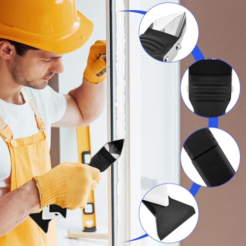 10 Pcs Silicone Caulking Tool, 3 in 1 Caulk Remover Tool | Grout Removal Tool with Replaceable Pad Glass Glue Angle Scraper, Sealant Finishing Tool for Kitchen Bathroom Tile Sink Joint