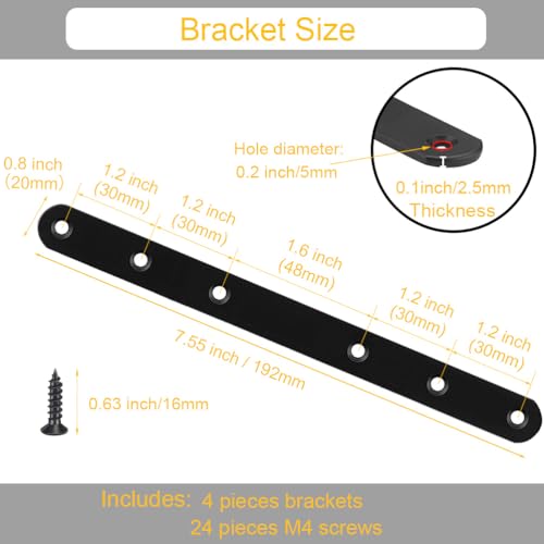 4 Pack Black Straight Brace Brackets 8 Inch Stainless Steel Flat Mending Plates, Heavy Duty Repair Fixing Joining Brackets for Wood with Screws