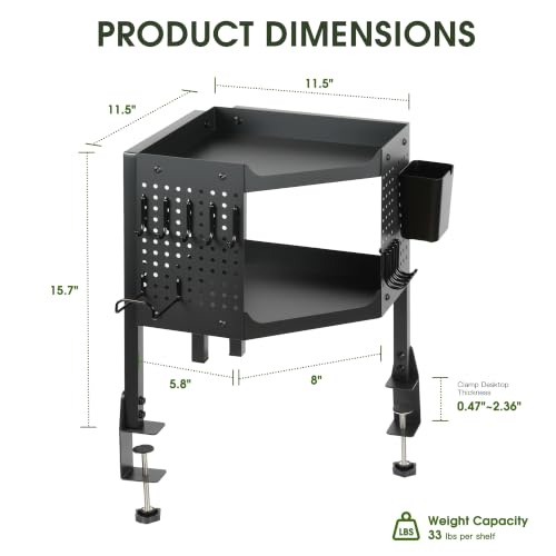 2-Tier Metal Clamp On Desk Shelf, Desk Organizer with 2 Pegboards and Hooks | Heavy Duty Corner Desk Shelf with Removable Pegboards Headphone Holder Pencil Cup and Hooks for Desk organizers Accessories