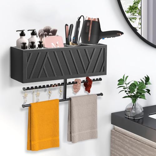 Rustic Hair Dryer Holder Wall Mounted with Towel Rack - color: Black.A