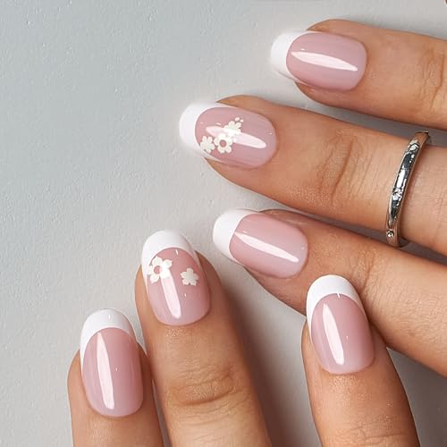 CurvLife Short Oval French Tip Press On Nails, Pure Bloom White, Soft Gel - color: B5 - Pure Bloom