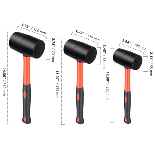 ZOENHOU 3 PCS 16oz 24oz 32oz Black Rubber Mallet Hammer, Solid Rubber Mallet Head with Non Slip Handle, Rubber Hammer for All Projects - color: Black, size: 16Oz 24Oz 32Oz