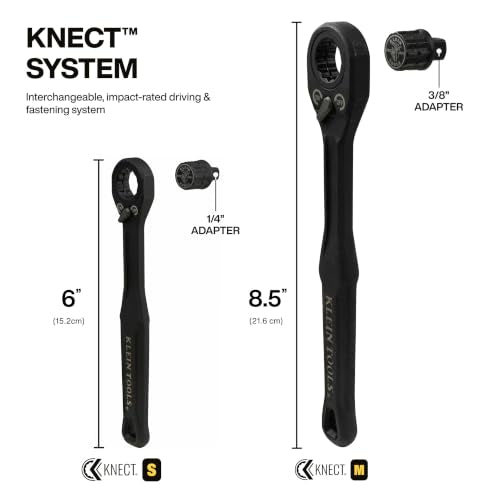 KLEIN TOOLS 65408ADP KNECT (M) Pass Through Ratchet and 3/8-Inch Socket Adapter Set, 90-Tooth Wrench for Extended Threaded Rods, Compact and Comfortable Grip, Traditional Socket Compatibility - size: (M) 3/8-Inch