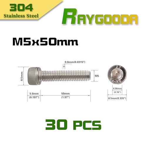 M5x0.8 x 50mm Socket Head Cap Screws Metric, 304 Stainless Steel (A2-70), Allen Socket Drive, Bright Finish, Full Thread, Rust & Corrosion Resistant, for Automotive, Machinery & DIY, 30 PCS - size: M5x50mm (30 PCS)