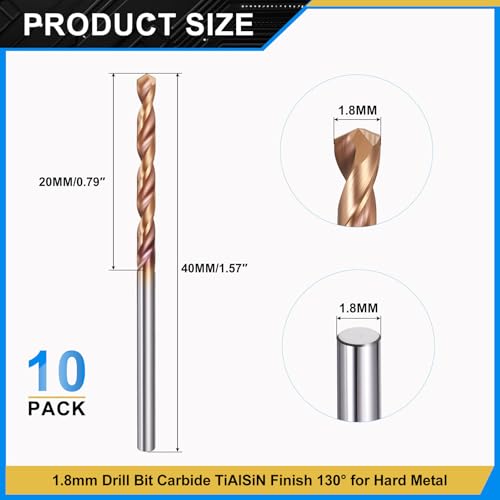 PATIKIL 1.8mm Drill Bit Carbide for Stainless Steel Hard Metal 130° 10 Pack - size: 1.8mm