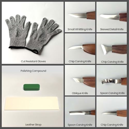 bellaDimora Wood Carving Kit 16-Piece | 8 Whittling Knives & 4 Detail Carving Knives, Walnut Handle High Carbon Steel Blades, with PU Leather Bag & Safety Gloves