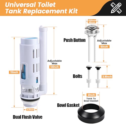 2-Inch Dual Flush Valve Replacement Kit for 2-Piece Toilets, Toilet Repair Kit Inside Tank with Push Button, Gasket & Bolts,Compatible with Glacier Bay, American Standard, and Toto - size: 2 Inch