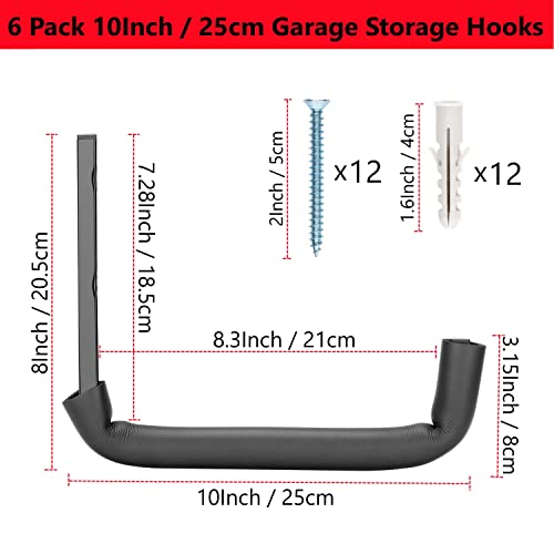 Garage Hooks, 10" Heavy Duty Garage Storage Tool Hangers, Wall Mount Storage Hooks for Garden Tools, Ladders, Bikes, Bulky Items - size: 8inch x 10inch