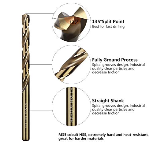1/8 Inch Cobalt Drill Bits 10Pcs - HPHOPE M35 HSS Metal Twist Drill Bits Set, Jobber Drill Bits Length and Straight Shank, Suitable for Drilling in Hard Metal, Stainless Steel, Cast Iron - size: 1/8-inch, 10Pcs