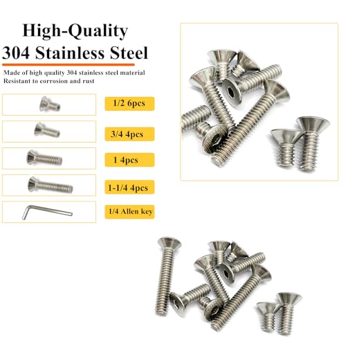 18pcs 1/4-20 4 Sizes Countersunk Head Screws, Flat Socket Head Cap Screws Assortment Kit with Allen Keys, 304 Stainless Steel Socket Cap Bolts Flat Countersunk Head Machine Screws - size: 304-4Size-1/4-18P