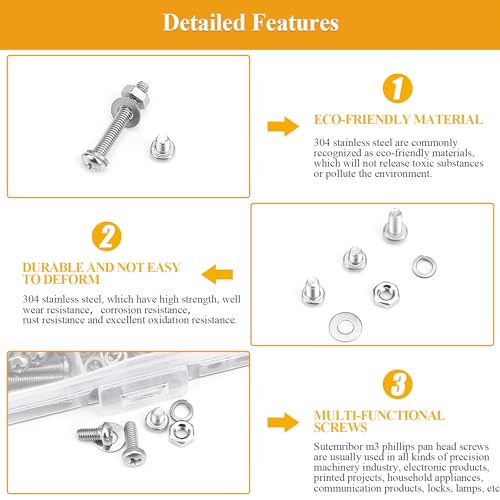 565 Pieces M3 Machine Screws Nuts Washers Set, Sutemribor M3 x 4/6/8/10/12/16/20mm Phillips Pan Head Machine Screws Nuts Washers Assortment Kit, 304 Stainless Steel, Fully Threaded - size: M3, style: Phillips Pan Head
