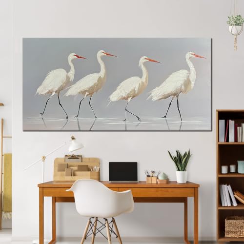 SSNEEKNDG White Heron Wall Art Bird Painting Animal Texture Artwork 29"x58" - size: 29"L x 58"W