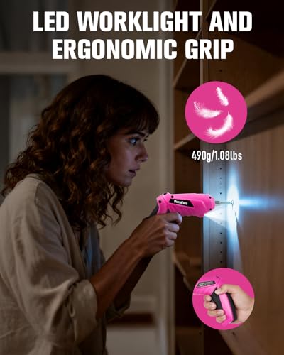 Durofort Pink Cordless Electric Screwdriver Set, 3.7V Rechargeable Small Electric Drill with 25pcs Driver Bit Set, Power 3Nm Screw Gun with 2 Position Handle, Flexible Shaft LED Light for Women