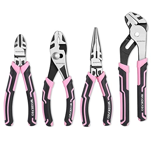 WORKPRO 4-Piece Pliers Set, Premium CR-V Construction Pliers Tool Sets | Including Long Nose, Diagonal Cutting, Groove Joint and Slip Joint Pliers - Pink - color: Pink