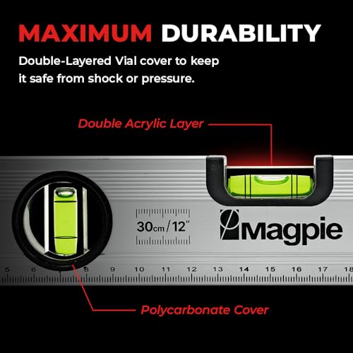 Magpie 12-Inch Magnetic Level and Ruler, 180/90/45 Degree Bubbles, Mechanical Torpedo Level, Shock Absorbing End Caps, Measurement in Inches and Centimeters