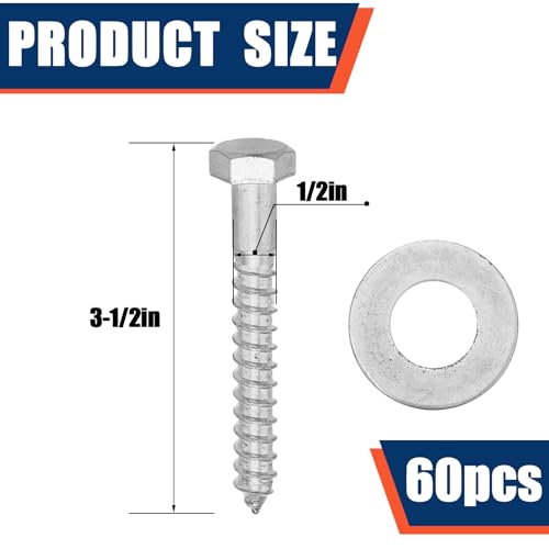 Tandefio 60 Pack 1/2 x 3''-1/2'' Lag Screw Bolts with Washer Galvanized - size: 1/2x3''-1/2''