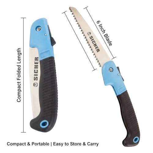 SICHER 6 Inch Folding Pruning Saw – High Carbon Steel Blade with Secure Lock, Anti-Slip Handle for Comfortable Grip, Portable Hand Saw for Garden, Tree Trimming, Camping & Outdoor Use