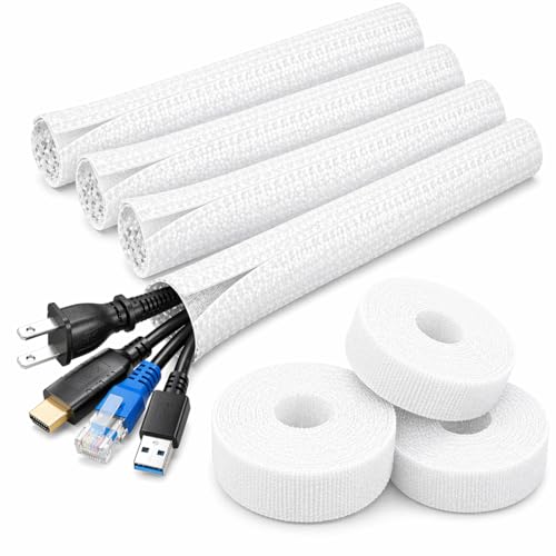 Cable Management Kit – 4 Pack 3FT Cord Sleeves + 3 Roll Reusable Cable Ties, Wire Organizer Wrap for TV, Desk, Computer, Home & Office, White