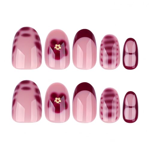Short Oval Press On Nails, Burgundy Blossom French Tips - color: 40-Ruby Petal Kiss