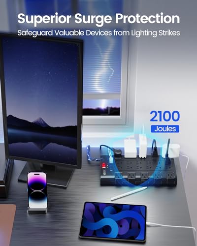 SUPERDANNY Power Strip Surge Protector, 22 AC 6 USB, 2100J, 6.5Ft,1875W/15A - color: Black, size: 6 USB - 6.5 ft