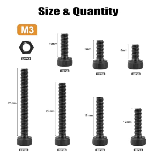 VGBUY 440Pcs M3 Screws Kit for 3D Printer DIY,220Pcs M3 Screw (6-25mm),220Pcs m3 Nut,Hex Socket Head Cap Small Metric Bolts Nuts Assortment,12.9 Grade Alloy Steel,Black Oxide, 6/8/10/12/16/20/25mm - size: M3x6/8/10/12/16/20/25mm, style: Socket Head