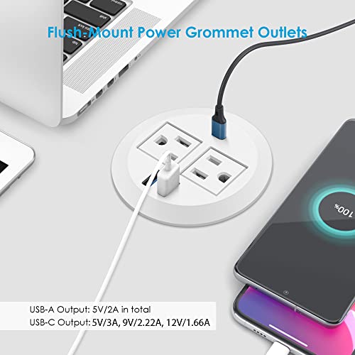 Jgstkcity 2-in-1 Desktop Power Grommet with USB-C Output, 125V, 12A, 2 AC Outlets, 3 USB Charging Ports, White - color: White