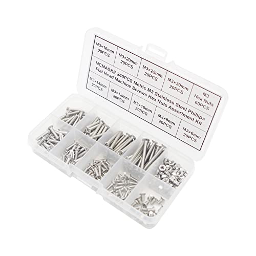 240PCS M3 Stainless Steel Phillips Flat Head Machine Screws Hex Nuts Assortment Kit - size: M3