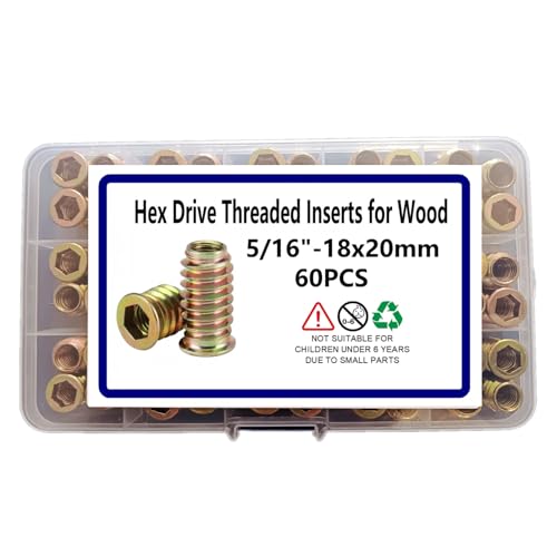 60pcs Threaded Inserts for Wood, 5/16"-18x20mm Screw in Nut Fasteners - size: 5/16"-18 x 20mm