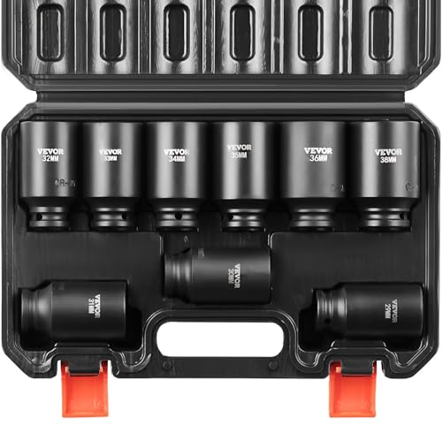 VEVOR 1/2" Drive Impact Socket Set, 9 Piece Deep Socket Set Metric 29-38mm, 6 Point Cr-Mo Spindle Axle Nut Impact Socket Set for Auto Repair,Easy-to- Read Size Markings, Includes Storage Case - size: 1/2" 9 PCS CR-MO