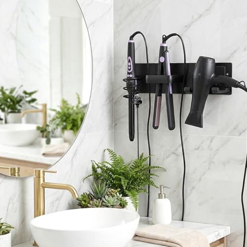 Hair Dryer Holder Wall Mounted 3 in 1 Bathroom Hair Tool Organizer Rack with Curling Iron Holder & Flat Iron Holder Blow Dryer Holder for Universal Dryer, Matte Black