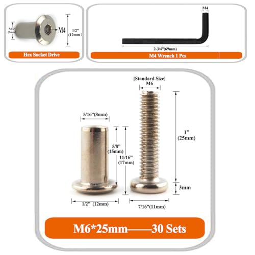 M6 x 1-1/4" Hex Drive Socket Cap Bolts Screws Kit,ALLOYPRO 30-Sets Binding Post Screws Socket Cover Connecting Bolt Fixing Post Screw for Furniture Chair Crib Table Cabinets,M6x30mm - color: Silver, size: Silver-M6*30mm-30sets