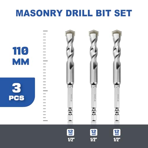 3 Pack 1/2"(12mm) Hex Shank Hammer Drill Masonry Drill Bits, 4.3" Length - size: 1/2" x 4.3" ( 12x110mm ), style: 3 Pieces
