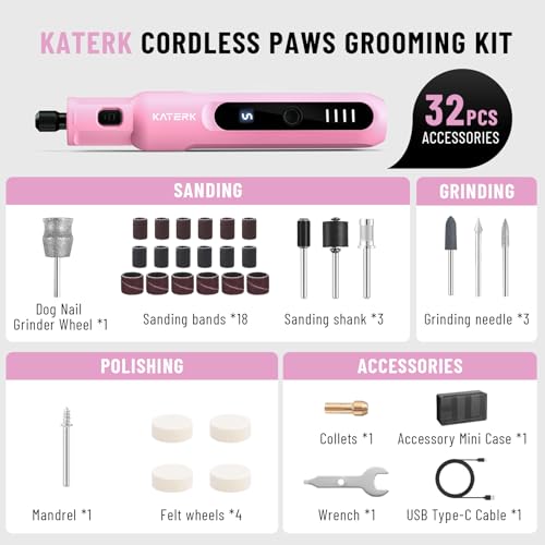 Katerk Pet Dog Nail Grinder - 5 Speed Quiet 32PCS Electric Dog Nail Trimmer - color: Pink