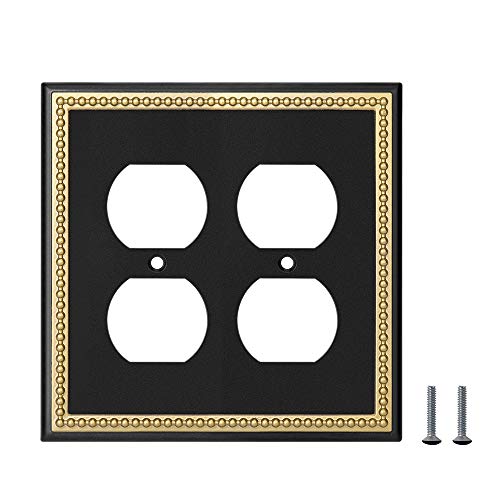 Pearled Frame Decorative Wall Plate Switch Plate Outlet Cover (Double Duplex, Black & Dark Golden) - style: Double Duplex