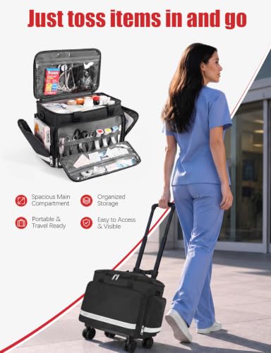 Medical Bag Rolling Roller Bag Trolley Duffel Nurses EMT CNA RN Empty for First Aid Responder Home Health Care Nursing Student Roll Duffle Bag Carry on Wheels Wheeled Work Physicians Doctor - color: Black