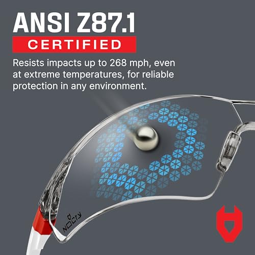 NoCry Clear Safety Glasses for Men and Women; Lightweight Work Glasses with Adjustable Frames and No-Slip Grips; Scratch Resistant Anti Fog Safety Glasses with Superior UV Protection, ANSI Z87.1 Rated - color: White & Red