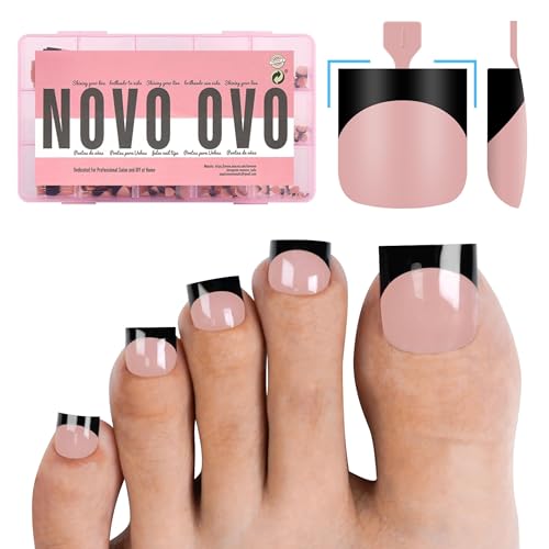NOVO OVO Halloween Black French Tip Toe Nail Tips Press on, BABY PINK Sharp Square Pre-Designed Soft Gel False Toenail Extension, Medium Wide Fake Toenails, Full Cover Acrylic for DIY 15 Sizes 240 pcs - color: Sharp Square Black French Tip Baby Pink