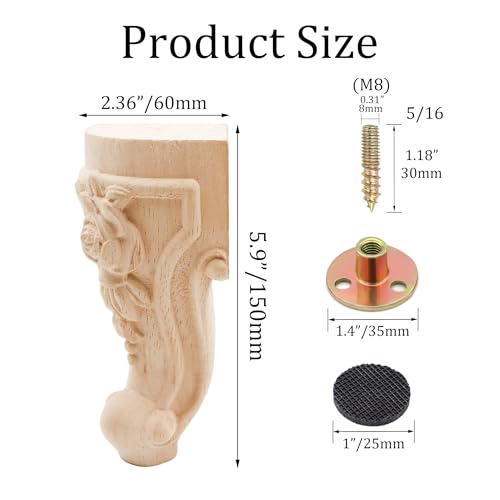 4Pcs 6in Unfinished Solid Wood Furniture Legs Carved European Style - color: D
